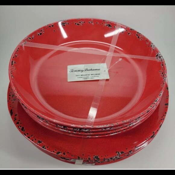 Tommy Bahama Melamine Christmas Red Crackle Plates Bowls 8pc - Picture 6 of 7